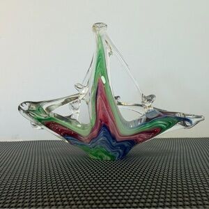 Murano Style Hand Blown Art Glass Basket Bowl Ribbon Swirl Controlled Bubbles